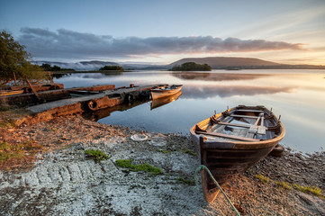Boats at the Lough Corrib, County Galway, Connemara, Ireland - obrazy, fototapety, plakaty