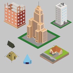 Set of different isometric houses: skyscraper, village house, downtown building, tents