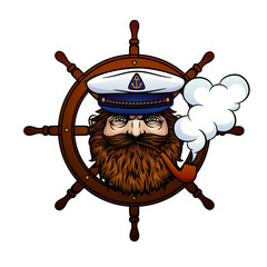 Vector Captain  in a hat with a beard smokes a pipe on a background of sea helm.