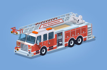 Fire truck against the blue background. 3D lowpoly isometric vector illustration