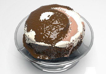 chocolate cake on glass dish. 3d illustration