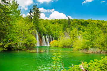 Beautiful landscape with waterfall in the Plitvice Lakes National Park in Croatia 