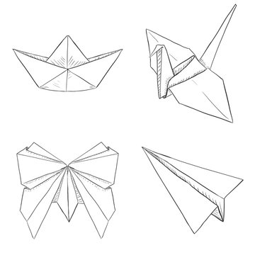 Vector Set of Origami Objects: Plane, Boat, Butterfly, Crane.