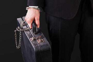 old suitcase secured with handcuffs