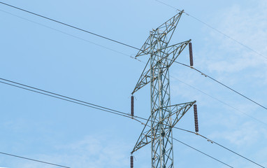 Electricity poles on sky background