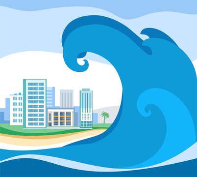 Tsunami, colored picture, vector. A huge wave rolls on coast. On the shore stands the city. A natural disaster.  