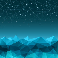 Polygon background, digital night sky, sunrise in the mountains, mountains and stars.