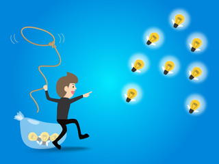 businessman use lasso trying to catch flying light bulb. concept of  freedom ideas, big think