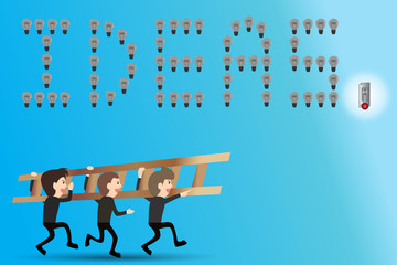 businessman teamwork carrying ladder  to turn on the light ideas concept of leadership, teamwork