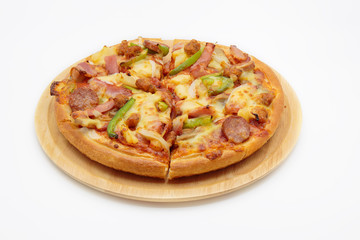 Pizza on a wooden tray.