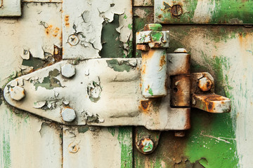 close-up old rusty grill on window in construction trailer.grung