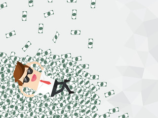 businessman lying down with legs crossed on the big pile of money and getting a lot of money falling from sky with copy space