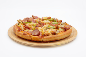 Pizza on a wooden tray.