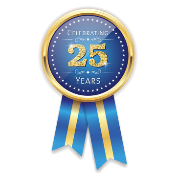 Blue celebrating 25 years badge, rosette with gold border and ribbon