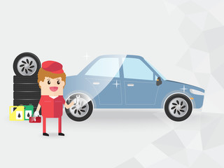 auto mechanic or technical support or repair man hold  toolbox and wrench for check to see the condition of car, car wash, auto maintenance services. copy space