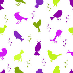 Seamless pattern with birds silhouettes in purple and green. Cartoon birds silhouettes isolated on white background. Vector wallpaper. 
