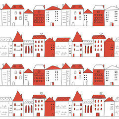 Doodle city seamless pattern in white and red colors. Vector background with hand drawn houses. Sketch cityscape. 