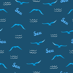 Sea seamless pattern. Watercolor seagulls and doodle waves. Vector sea background. 