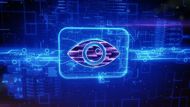 Abstract animation of eye icon in digital cyberspace