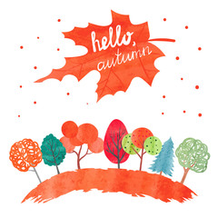 Naklejka premium Watercolor autumn background. Colorful watercolor trees. Hello autumn lettering. Vector illustration. 