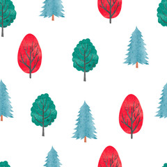 Watercolor trees seamless pattern. Vector background with abstract trees. Cartoon forest. 