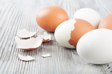 Boiled hen eggs and eggshell