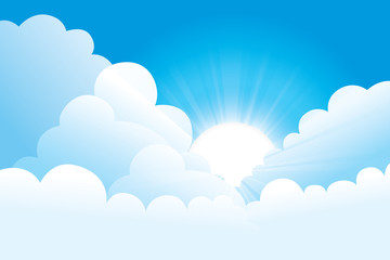Sky with clouds and sunshine on a sunny day. Vector illustration