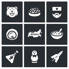 Vector Set of Russia Icons. Bear, Caviar, Soldier, Dumpling, Territory, Cuisine, Balalaika.