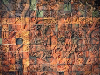 Obraz premium Art on the stone about buddha story on temple wall