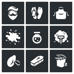 Vector Set of Cleaning after the murder Icons. Man, Morgue, Uniform, Blood, Reagent, Vacuum Cleaner, Dust Mask, Coffin, Trash can.