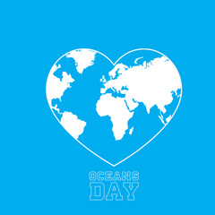 Oceans Day. World map in heart. Vector illustration.