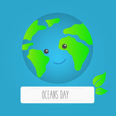 Oceans Day. Cartoon Earth globe. Vector illustration.