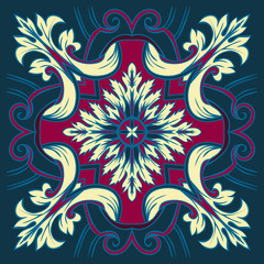 Hand drawing tile pattern in dark blue, purple and yellow colors. Italian majolica style.