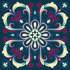 Hand drawing tile pattern in dark blue, purple and yellow colors. Italian majolica style.