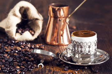 Turkish coffee on wooden table