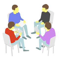 Talks. Group of business. Four people team meeting conference