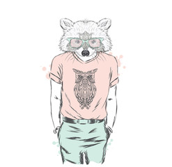 Raccoon - hipster. Vector illustration. Print.