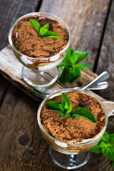 Homemade tiramisu with mint