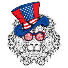 Funny lion in an unusual hat. Vector illustration. Print for cards, posters or odzhdy.