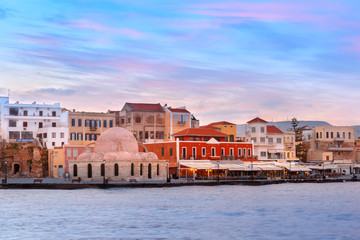 Venetian quay with Kucuk Hasan Pasha Mosque at dawn, Chania, Crete, Greece
