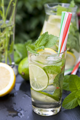 Cold fresh lemonade with lemon, lime and mint