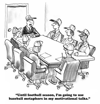 Business cartoon about a leader who uses baseball metaphors.