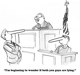 Legal cartoon where the judge thinks the lawyer and the witness are both lying.