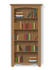 Wooden bookcase with books on the shelves. Furniture for interior library or cabinet. Element of interior decoration - detailed vector isolated.