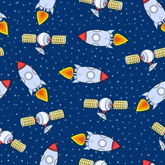 Wall murals Cosmos Vector seamless pattern. Space theme. Rockets and artificial satellites.