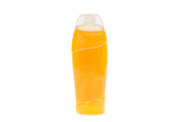 Plastic bottle with shampoo or hygienic cosmetic product, isolated on white