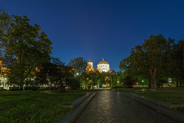 Night photo of Alexander Nevsky Cathedral, Sofia, Bulgaria