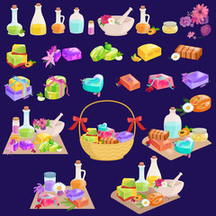 Homemade bars soaps, flowers and essential oil. vector icons set