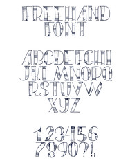 Freehand hand drawn font with english letters from a to z, numbers from 0 to 9. Alphabet sequence drawn with dots, strokes and lines in freehand style. Vector isolated illustration, isolated on white