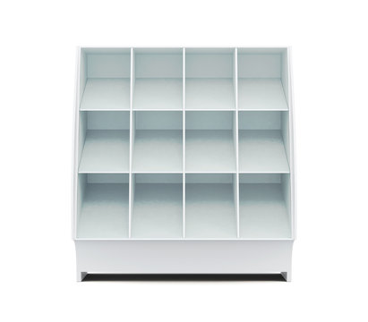 Supermarket showcase with shelves isolated on white background. Front view. Glassed showcase. 3d rendering